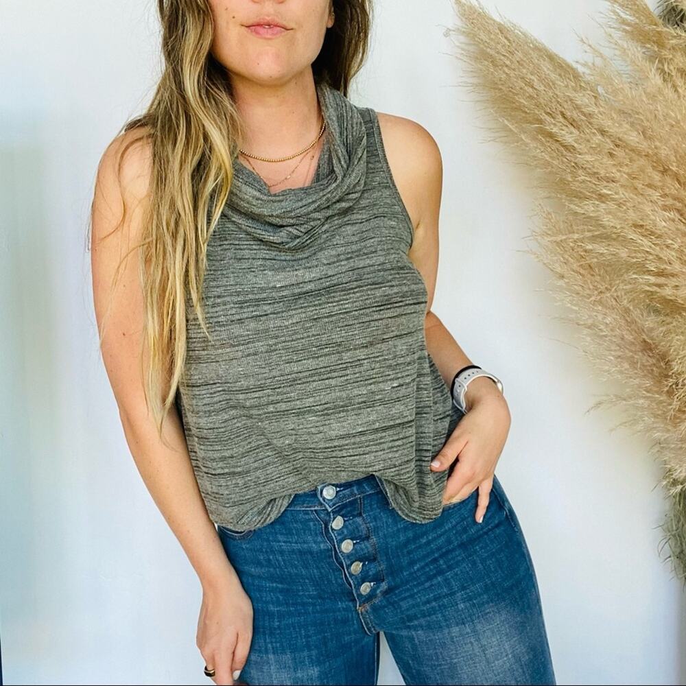 UO MOON KISS Heather Grey Stripe Cowl Neck Tank Top Knit Shirt Blouse L